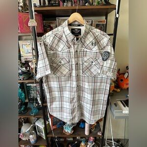 Harley Davidson Plaid Pearl Snap White/Orange Shirt Men's Size L